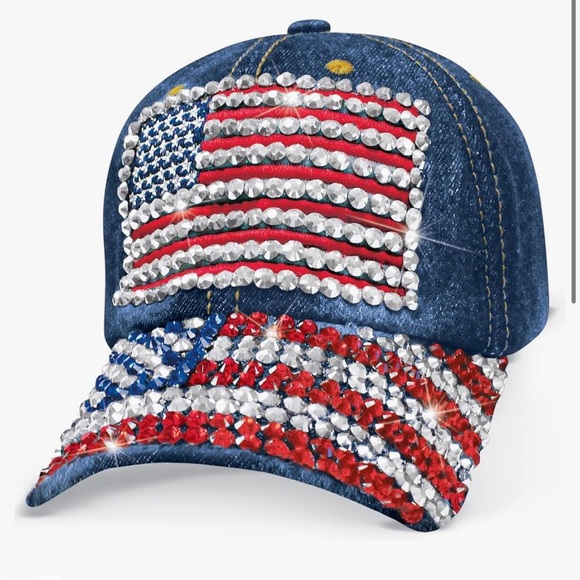 American Flag Rhinestone bling distressed Denim baseball Cap new - Picture 2 of 2